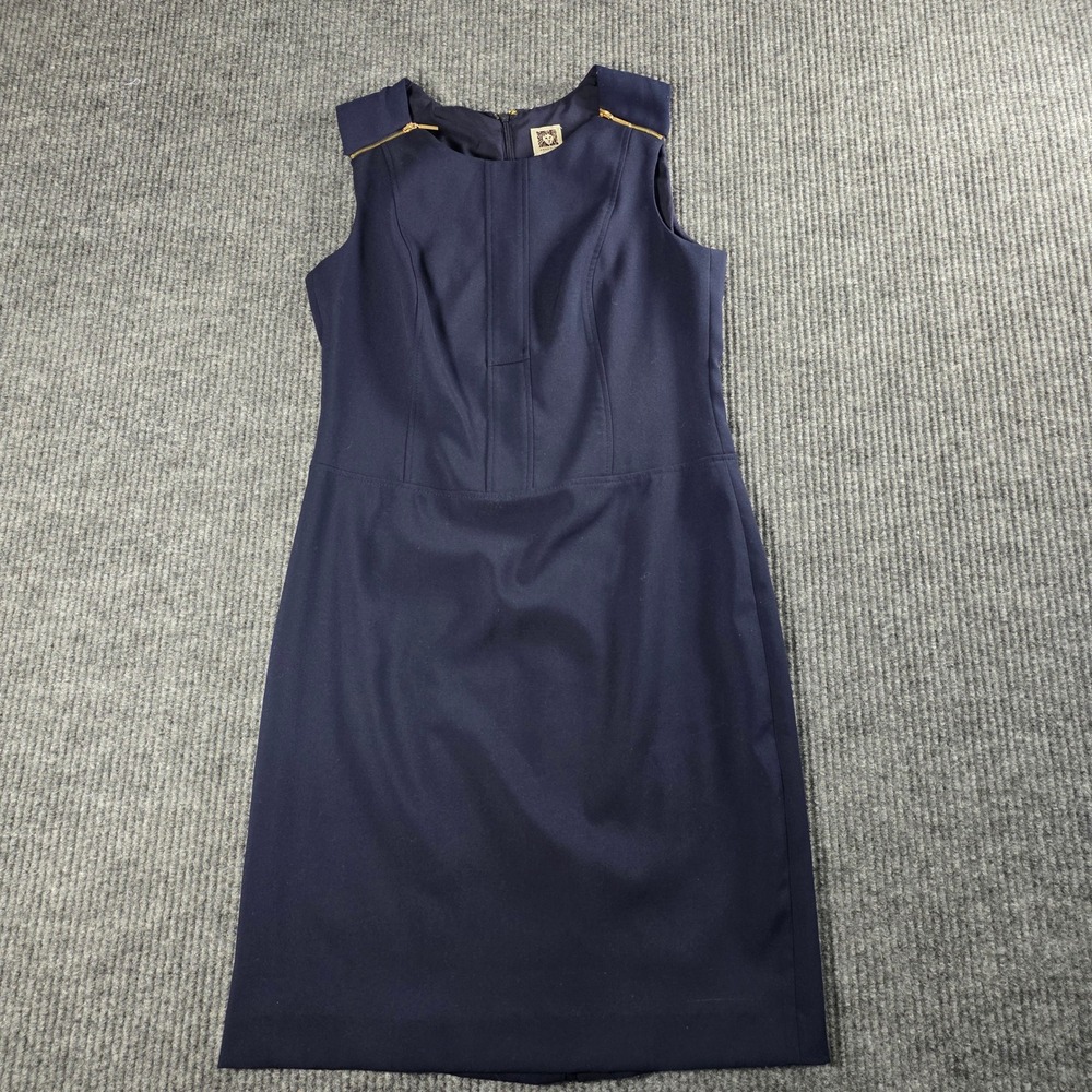Anne Klein Navy Blue Sleeveless Sheath Dress Gold‎ Shoulder Zip Accents Size 6